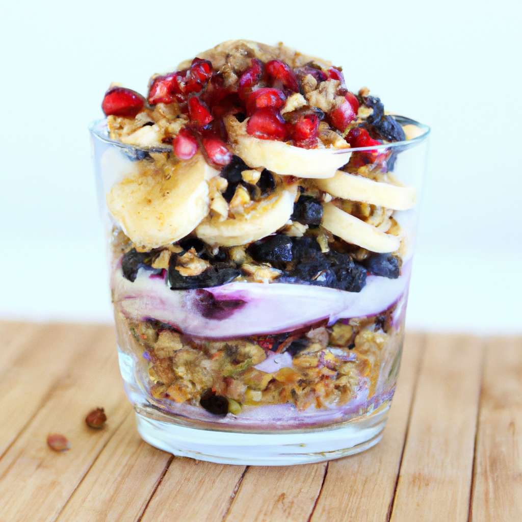 Vegan Pomogranite Blueberry And Banana Parfait With Hemp Seeds